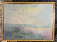 Full view of oil painting titled 'Sun Breaking Through' showing wood gold-tone frame and pastel landscape