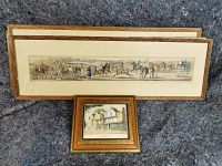 Overview of five long format hunting prints and one smaller inn scene print