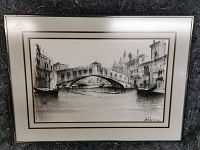 Full view of the framed charcoal drawing showing the Venice bridge with gondolas and buildings as the main subject.