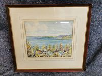 Full view of the framed watercolour painting including matting and wooden frame.