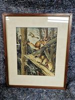 Full view of framed artwork "Squirrels" depicting squirrels in a forest setting.