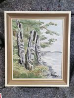 Front overview of oil painting showing three Haida-style carved sentinel poles by shoreline, framed