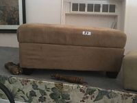 Side angle of rectangular ultra suede bench showing low black wooden legs and beige upholstery.