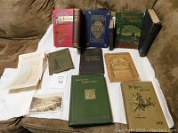 Top-down photo of old and antique books, a 1936 postcard, and colored antique maps on a blanket.