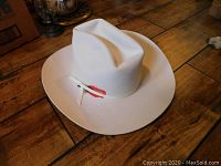 White Stetson hat lying on wooden floor showing exterior and hat band.