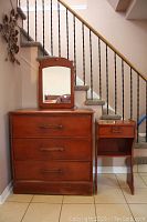 Full view of the vintage dresser with removable mirror and matching side table, showing overall shape, style, and condition.