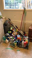 Photo showing carpet cleaner on washer with cleaning supplies and tools arranged on floor including bottles, brooms, mop, garbage bin