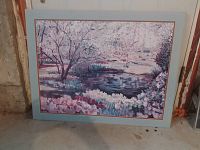 Photo of spring landscape artwork showing flowering trees, pond, and garden setting with matting.