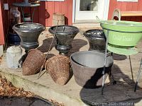 Full lot view showing all stands, baskets, and drink stand on wooden deck.
