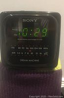 Black Sony Dream Machine FM/AM digital clock radio showing 10:29 AM, displaying brand and model