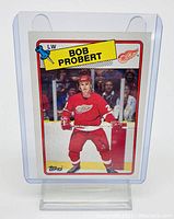 Front of 1988 Topps Hockey #181 Bob Probert rookie card showing player in Detroit Red Wings uniform.