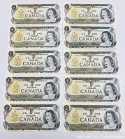 Front view of 10 Canadian $1 banknotes from 1973 showing Queen Elizabeth II portrait, serial numbers, and currency details
