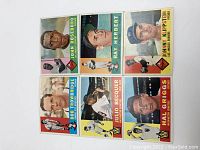 Photo of the front side of six 1960 Topps baseball cards showing portraits of Bob Throwbridge, John Roseboro, Julio Becquer, Ray Herbert, Hal Griggs, and Johnny Klippstein.