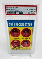 Front view of 1963 Rookie Stars reprint card with Pete Rose autograph and PSA/DNA certification label.
