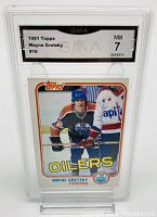 Front of 1981 Topps Wayne Gretzky hockey card in protective graded slab with grade NM 7.