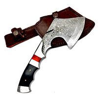 Hatchet with Damascus patterned blade and leather sheath