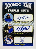 Front side of the Iconic Ink Triple Cuts card showing Blue Jays players and facsimile autographs.