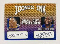 Front side of card displaying dual cut facsimile signatures of Kobe Bryant and Shaquille O'Neal with their photos.