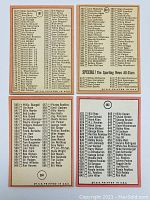 Back side of the four 1969 Topps Baseball checklist cards showing the full list of player names and numbers for the respective series.
