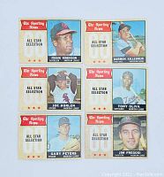 Photo showing 6 vintage Topps 1968 The Sporting News All-Star Selection baseball cards featuring players Frank Robinson, Harmon Killebrew, Tony Oliva, Gary Peters, Jim Fregosi, and Joe Horlen.