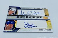 Front view of the limited numbered hockey card with dual autographs by Alexander Steen and Doug Gilmour.
