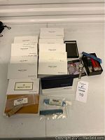 Photo of Ecclissi and Philip Stein Teslar branded boxes, user manuals, and watch band pouches in different colors arranged on a table.
