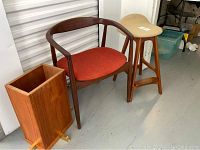 Overview of all three pieces: chair, stool, trash container
