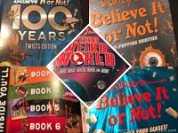 Four large paperback books showing Ripley's Believe It or Not! volumes and Uncle John's Weird Weird World with colorful illustrated covers and titles.