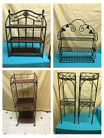 Two black metal shelving units, one with bamboo/wicker shelves 35 inches tall with four tiers, and one smaller 19-inch tall with similar shelves.