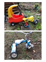 Photo of all three vintage children's ride-on toys displayed outdoors on ground with foliage: red and yellow Cozy Coupe toy, yellow and red metal tricycle, blue metal tractor toy.