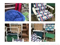 Close-up of blue circular folding moon chair, striped camp chair, and part of green chair with white metal frames.
