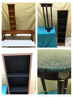 All items in the lot: tall wall shelf, media shelf, over sink shelf, and circular marble end table.