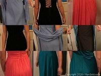 Collage showing back and detail views of several dresses including blue, black, coral, and teal colors, highlighting fabric draping and lace-up backs.