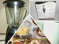 Collage photo showing box for 200 watt hand blender, Chef Basket steamer basket with food in it, and toaster with food.