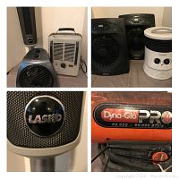 Seven heaters arranged in groups, including electric heaters from Honeywell, Holmes, Bionair, Lasko and one large Dyna-Glo Pro heater
