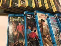 Close up of Hardy Boys hardback books showing titles Hunting Hidden Gold, The Secret Warning, The Shore Mystery, The Clue of the Broken Blade, The On The Track, The Sign of the Crooked Arrow, and others.