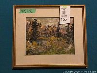 Front view of framed painting showing gold-tone wood frame, white mat, impasto landscape.