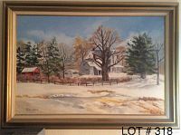 Full view of framed oil painting showing snowy farm scene including buildings, trees, and fence under blue sky. Signed Viola Sobol lower left.