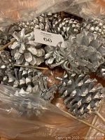 Clear plastic bag containing multiple silver-painted pinecones attached to wooden sticks, viewed closely to show texture and finish.