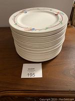 Stack of 23 white dinner plates with floral pattern and red border showing on top plate.