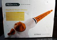 Front box view showing PROlectrix Handheld Steam Cleaner in citrus tangerine color with product features and branding.