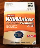 Front of Quicken WillMaker Premium 2008 software box showing branding, key features and pricing sticker.