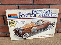 Box front showing vintage Monogram 1/24 scale Packard Boattail Speedster model kit with classic car illustration and branding