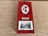 Photo of front and top of vintage Campbell HO Scale model building kit 'Bret's Brewery' box with red and black plaid design and illustration of the brewery model.