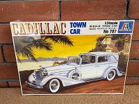 Front view of the sealed model kit box showing the artwork of the 1933 Cadillac Town Car, Italeri branding, and scale/model number.