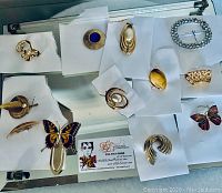 Top view on assortment of decorative pins, brooches, and scarf holder on white paper backing