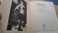 Photo of title page showing 'Orlando A Biography by Virginia Woolf' and publisher info Harcourt, Brace and Company, 1928.