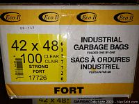 Box front showing Eco II branding, size 42x48, quantity 100, clear, strong garbage bags folded one by one.
