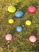 Overview of all 8 items arranged on grass showing 3 large balance discs and 5 smaller balance domes in varied colors.