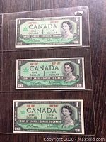 Front side of the three 1967 Canadian Centennial one dollar bills in protective sleeves showing Queen Elizabeth II portrait and centennial dates.